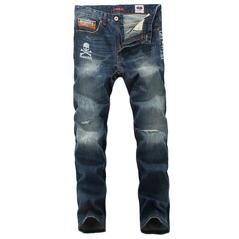 

Blue Color Denim Mens Jeans Skulls Paint Vintage Destroyed Ripped Jeans Men Casual Pants Superably Brand Slim Fit Biker Jeans