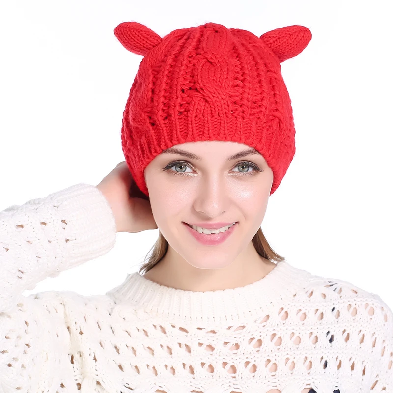 

Female Fashion Cute Ear Shape Cap Warm Winter Hat For Women Girls's Knitted Hat Cap Brand New Hip Hop Cap Winter Beanie