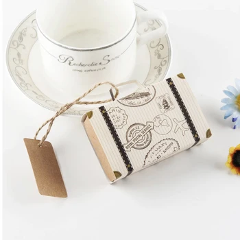 

50pcs/lot Suitcase Candy boxes travel theme gift box wedding birthday chocolate packaging with kraft tags baby shower favor box