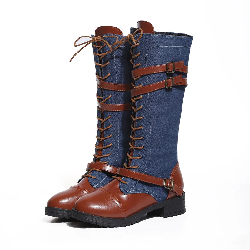 

Mid Calf Autumn Winter Fight Motorcycle Boots Belt Buckle Fashion Denim Women Boots Sexy Knight Boots Ladies Booties Shoes 2019