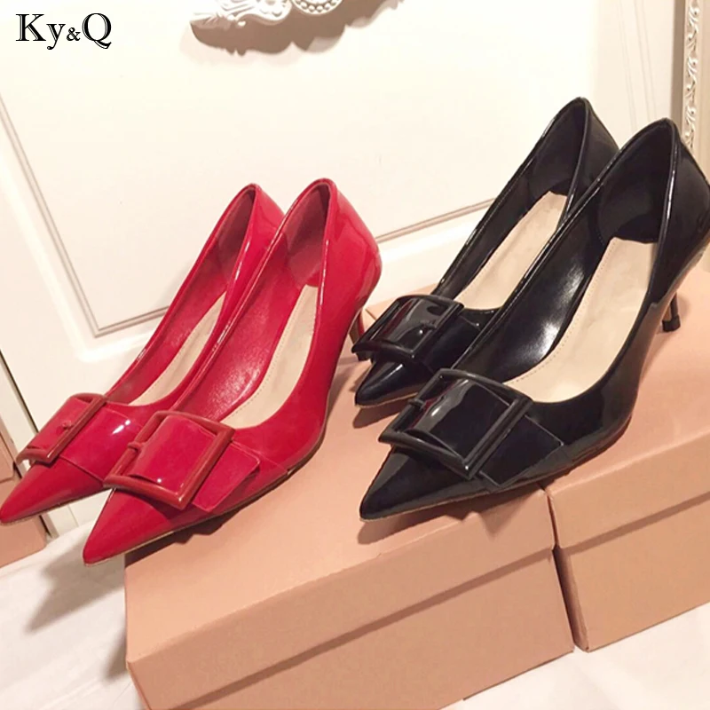 

2019 Spring New European And American Ladies Fashion Pointed Patent Leather Buckle Comfortable Stiletto Casual High Heels 5-8cm