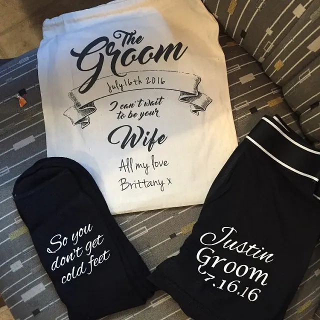 

Personalised any name date Premium Groom Boxer Shorts & Socks Underwear Wedding Gift Bag Set, Custom usher bestman boxer socks