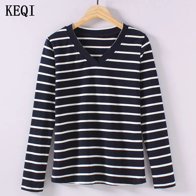 

KEQI Women Patchwork Stripe T-shirt Round Neck Long Sleeve Slim Casual Top 1847-1
