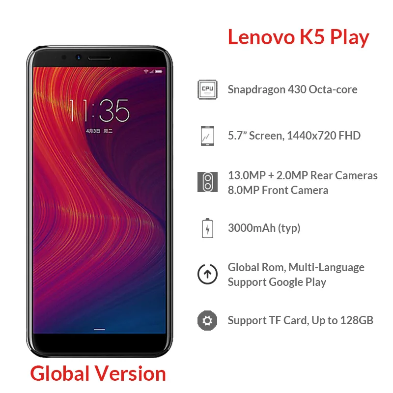 Lenovo K5 Play смартфон с восьмиядерным процессором Snapdragon 430 ОЗУ 3 ГБ ПЗУ 32 18:9 13