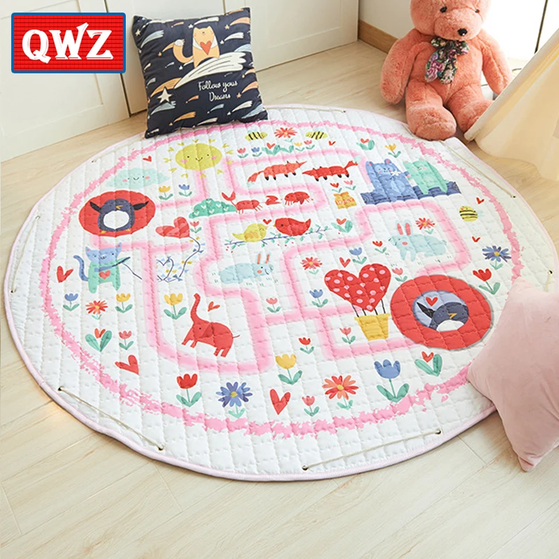 

QWZ New Ins Nordic Style Round Storage Mat Baby Play Mat Children Non-Slip Crawling Mat Game Pad Machine Washable Cartoon Animal