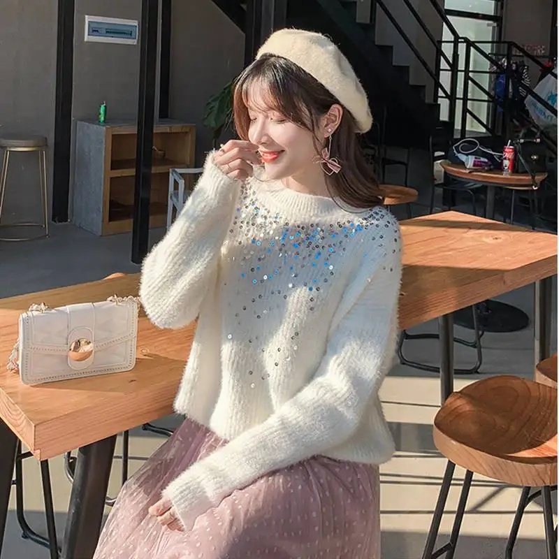 

2019 Autumn Winter Women Sequins Casual Loose Knitted Pullover Sweater Female Oversize Mohair Warm Tricot Knitwear Tops K228