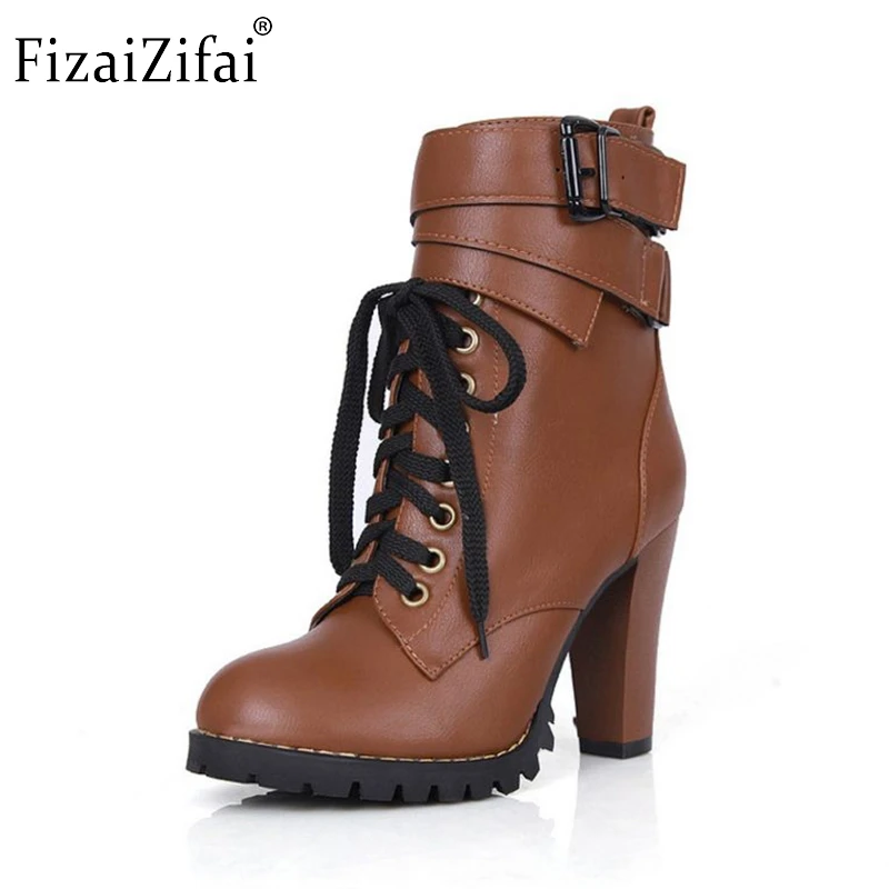 

women high heel half short boots autumn winter botas quality motorcycle buckle footwear warm boot shoes P19587 size 34-43