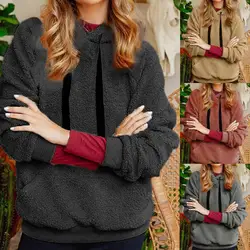 2018 Новый Осень Зима Для женщин толстовка с капюшоном пальто с длинным рукавом теплая шерсть карман хлопковое пальто с капюшоном женский