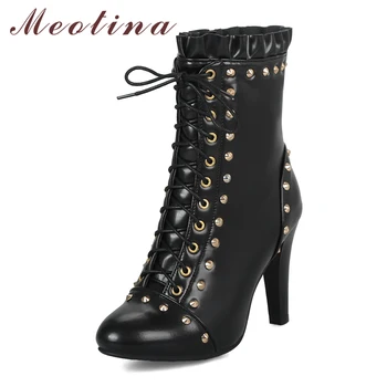 

Meotina Female Boots Women Boots Sexy Rivets Extreme High Heel Ankle Boots Lace-Up Thick Heel Shoes Female Winter Big Size 4-12