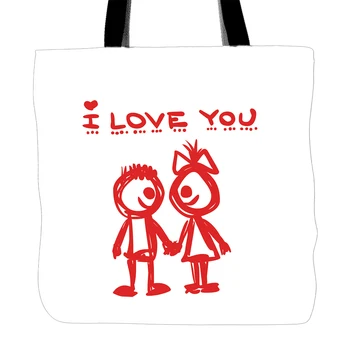 

I Love You Tote Bags Double Sided Printing Handle Shopping Canvas Bag For Couple Lover Valentine's Day Gift