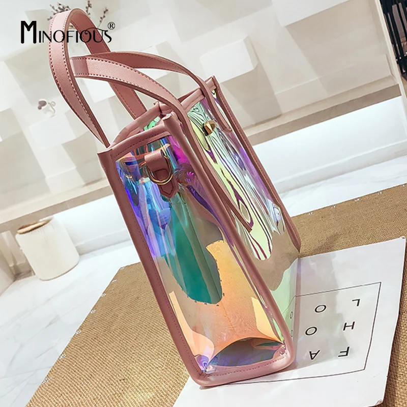 

MINOFIOUS Transparent PVC Handbag Candy Color Tote Bags Summer Sweet Shoulder Bag Solid Jelly Handbags New Women Composite Bag