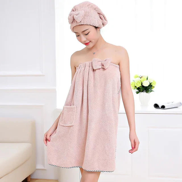 Bath Robe Hair Towel Hair Dry Cap Set Microfiber Women Bowknot Bathroom