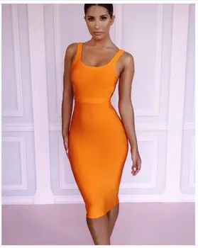 

Newest High Quality Sexy Orange O-neck Knee Length Rayon Bandage Dress Evening Party Dress
