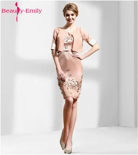 Beauty-Emily, костюм для шампанского, шифоновые платья для матери невесты,, длиной до колена, с коротким рукавом, с цветком, вечерние платья для выпускного вечера