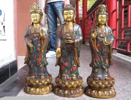 

003852 Tibet Bronze Gilt cloisonne Three Saints of the West GuanYin Kwan-Yin Buddha Set