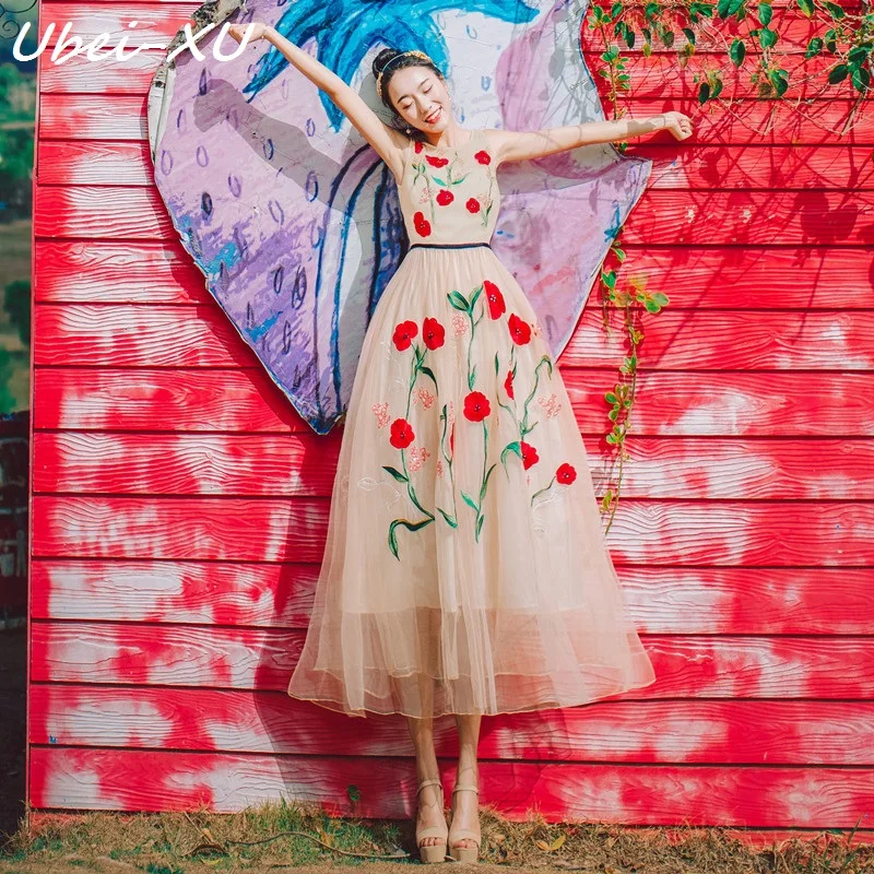 

Ubei New Arrival summer O-neck sleeveless gauze floral embroidered dress elegant generous dress beautiful fairy long dress