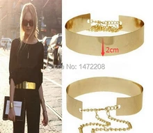 Free Shipping 2016 Hot-Sale Women Punk Full Metal Mirror Waist Belt Metallic Gold Plate Wide Cummerbunds With Chains