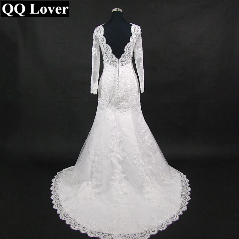 QQ Lover Новое кружевное свадебное платье русалки с длинным рукавом сексуальное свадебное платье невесты с v-образным вырезом и аппликацией из бисера Vestido De Noiva