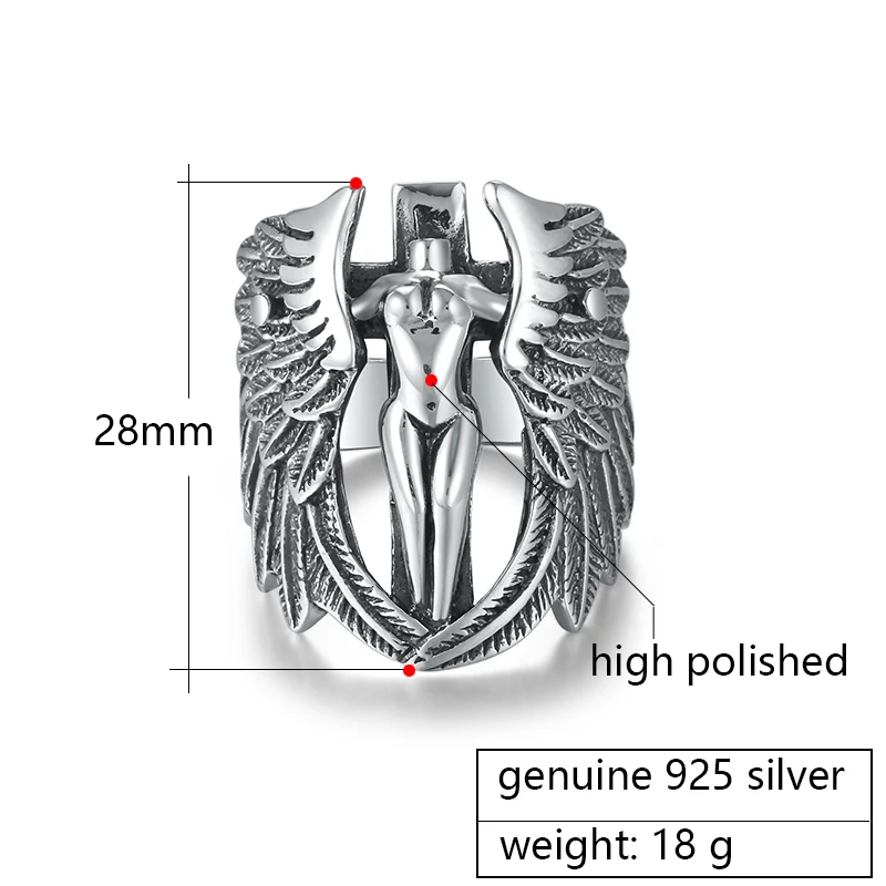 925 Sterling Silver Angel Wings Ring for Men Women Elegant Angle Modeling Thai Vintage Retro Charm Jewelry for Christian Holy