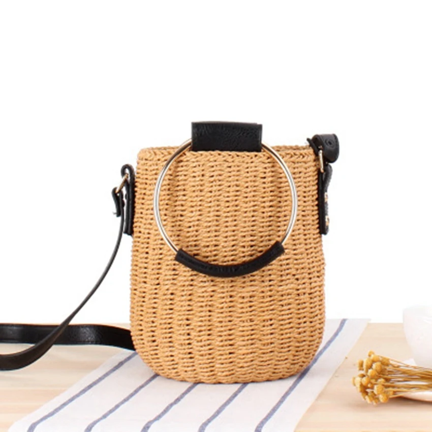 

College style new Japanese cylinder bag simple shoulder portable dual-use straw bag holiday beach woven bag wild bag