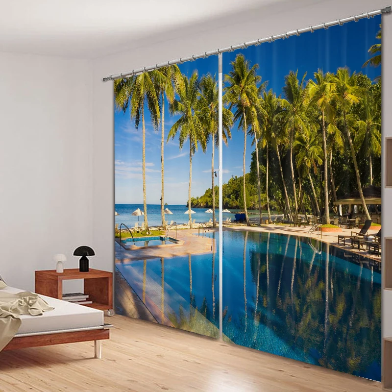 

Summer seaside pool Curtains 3D Photo Printing Blackout For Window Living Room Bedding Room Hote Office Sofa Decoration