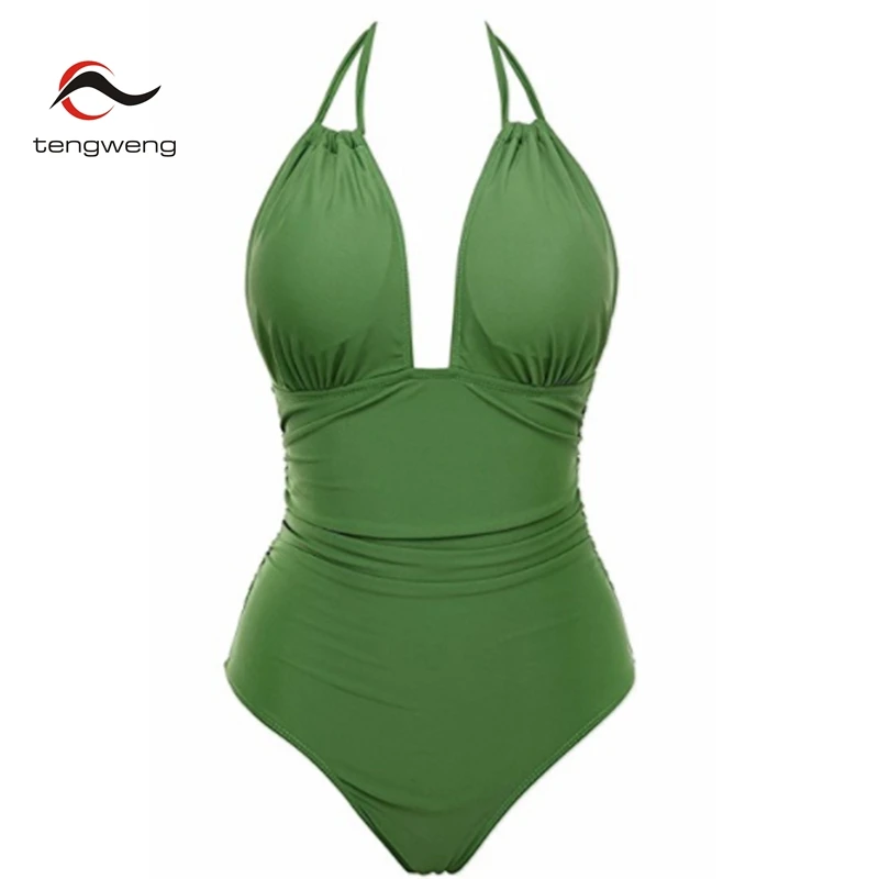 

2019 Deep v One Piece Swimwear Backless Tummy Control Monokini Swimsuit women Halter Push up Bathing Suit Plus Size swimwear