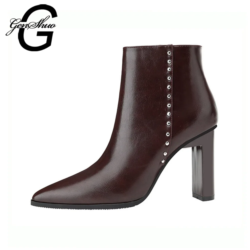 Kopen GENSHUO Enkellaars Vrouwen Voor Herfst Winter Mode Wees Teen Hak Rits Vrouw Chelsea Laarzen Zwart Bruin Wit Maat