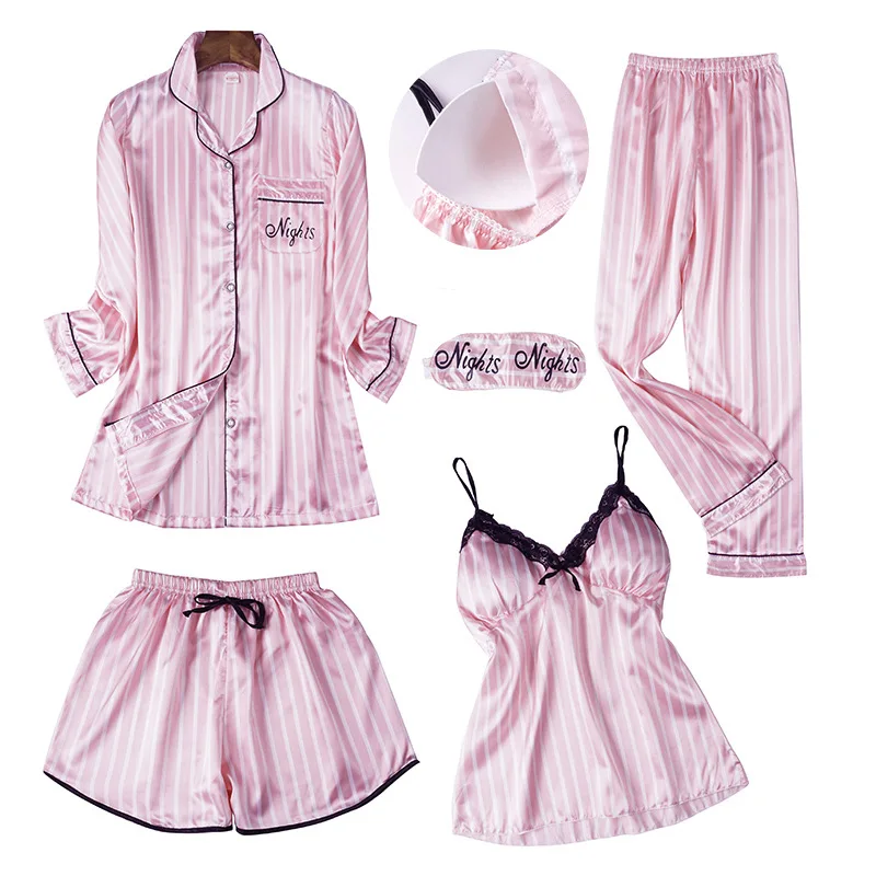 

5 Pieces Homewear Home Suit 2019 Summer Pajamas Sets Women Long Sleeve Striped Sexy Strap Pigama with Chest Pads