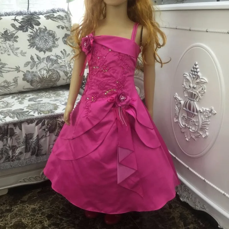 2T14T Girl Party Dress Embroidery Satin Beaded Coral Flower Girl