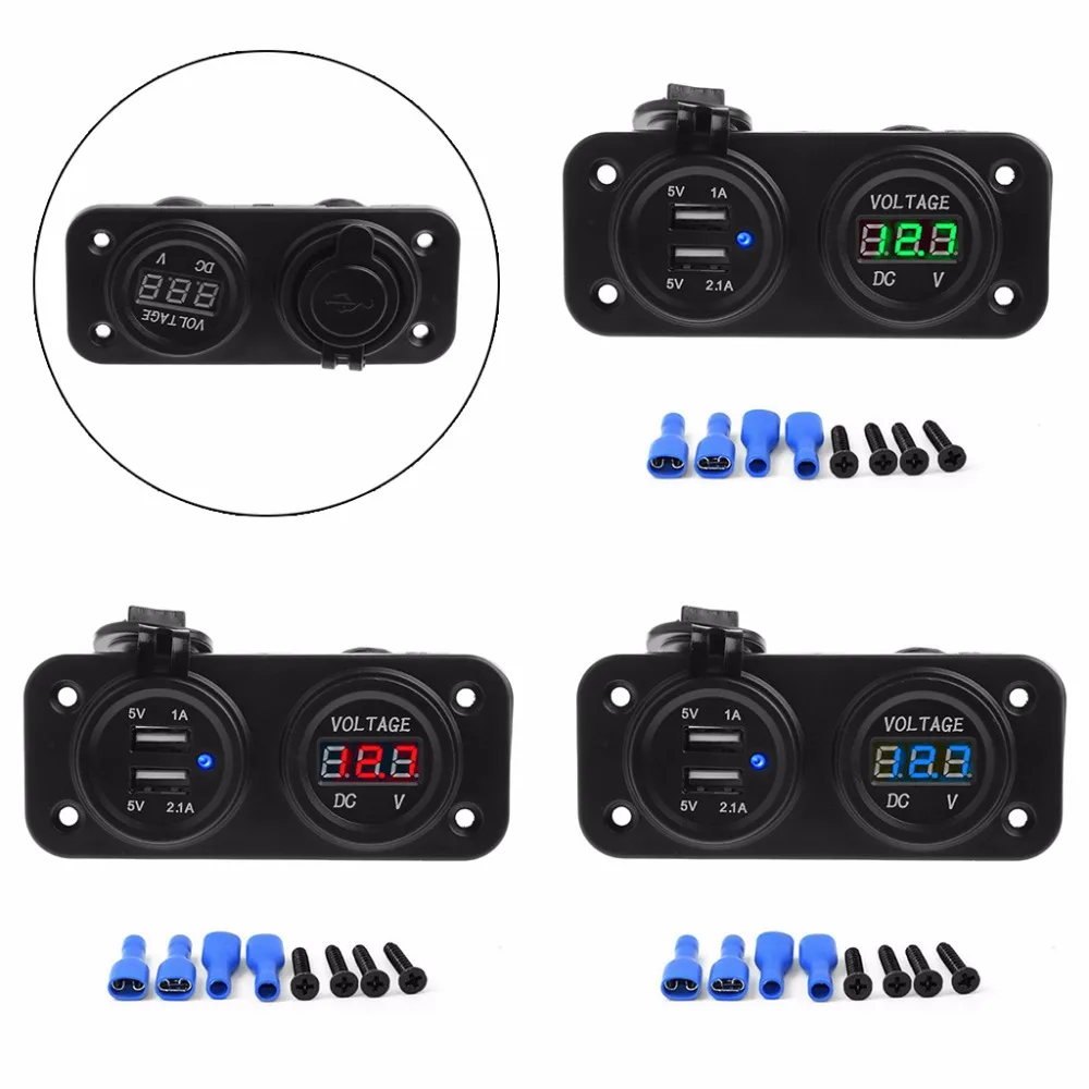 

2-In-1 Waterproof DC 12V Dual USB Port Power Socket LED Digital Display Voltmeter Panel Mount Car Motorcycle Charger Adapter