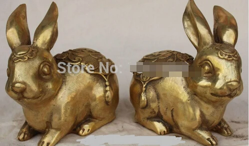 

0 5" Chinese Fengshui Brass Zodiac Year Rabbit Wealth Cai Money Rich Statue Pair
