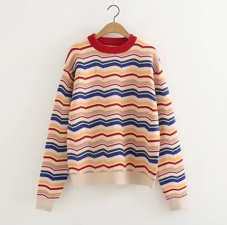 Autumn and winter retro striped pullover round neck sweater