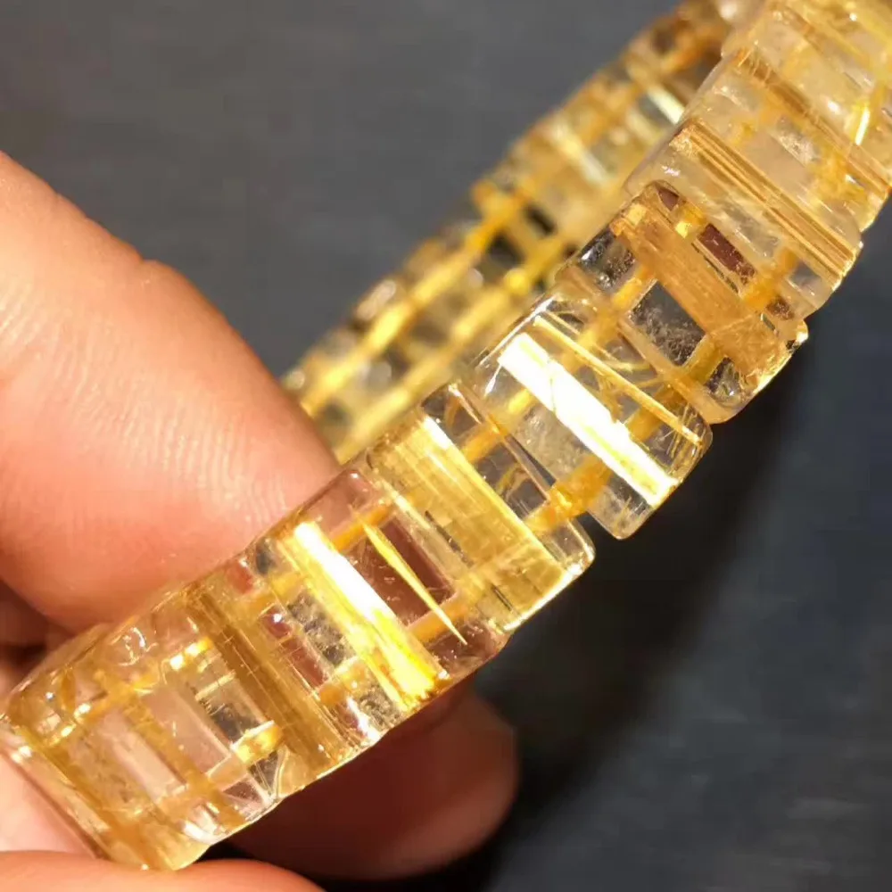 

11x7mm Genuine 100% Gold Rutilated Titanium Quartz Crystal Bracelet Woman Man Rectangle Beads Bangle From Brazil