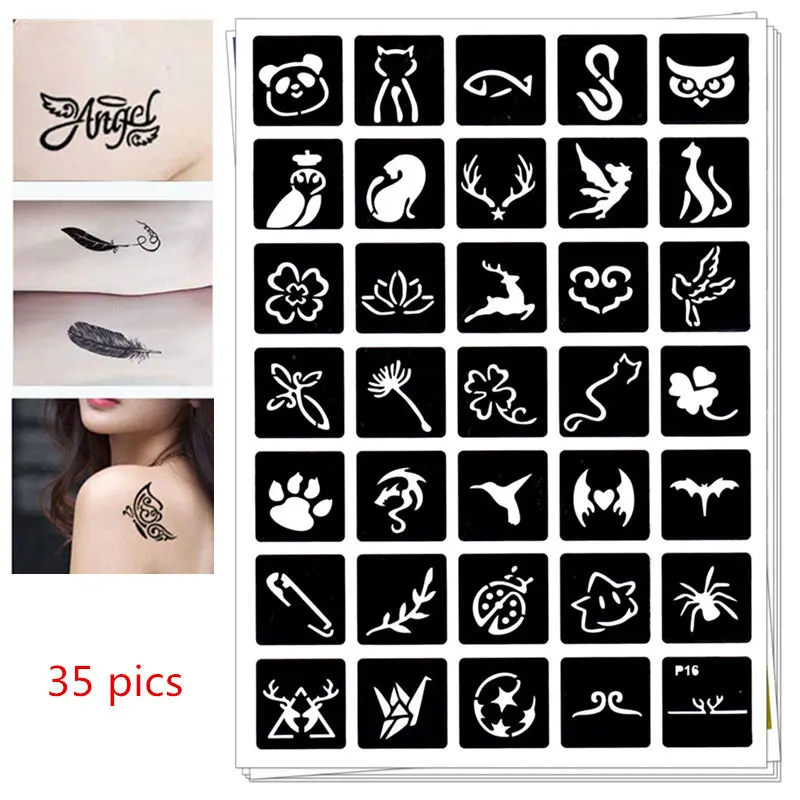 35 pics تاتو حنة الإستنسل DIY Jagua الرسم قوالب البخاخة موقع قران الجسم الفن الحيوانات الصغيرة الوشم استنسل C9