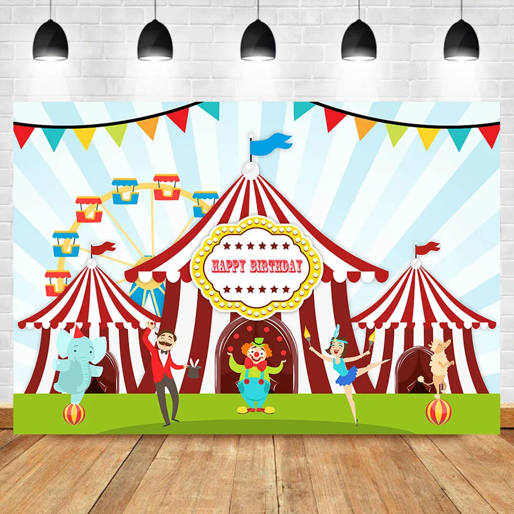 

Amusement Park Backdrop Ferris Wheel Circus Tent Happy Birthday Photo Backdrops Clown Dancing Elephant Photography Background