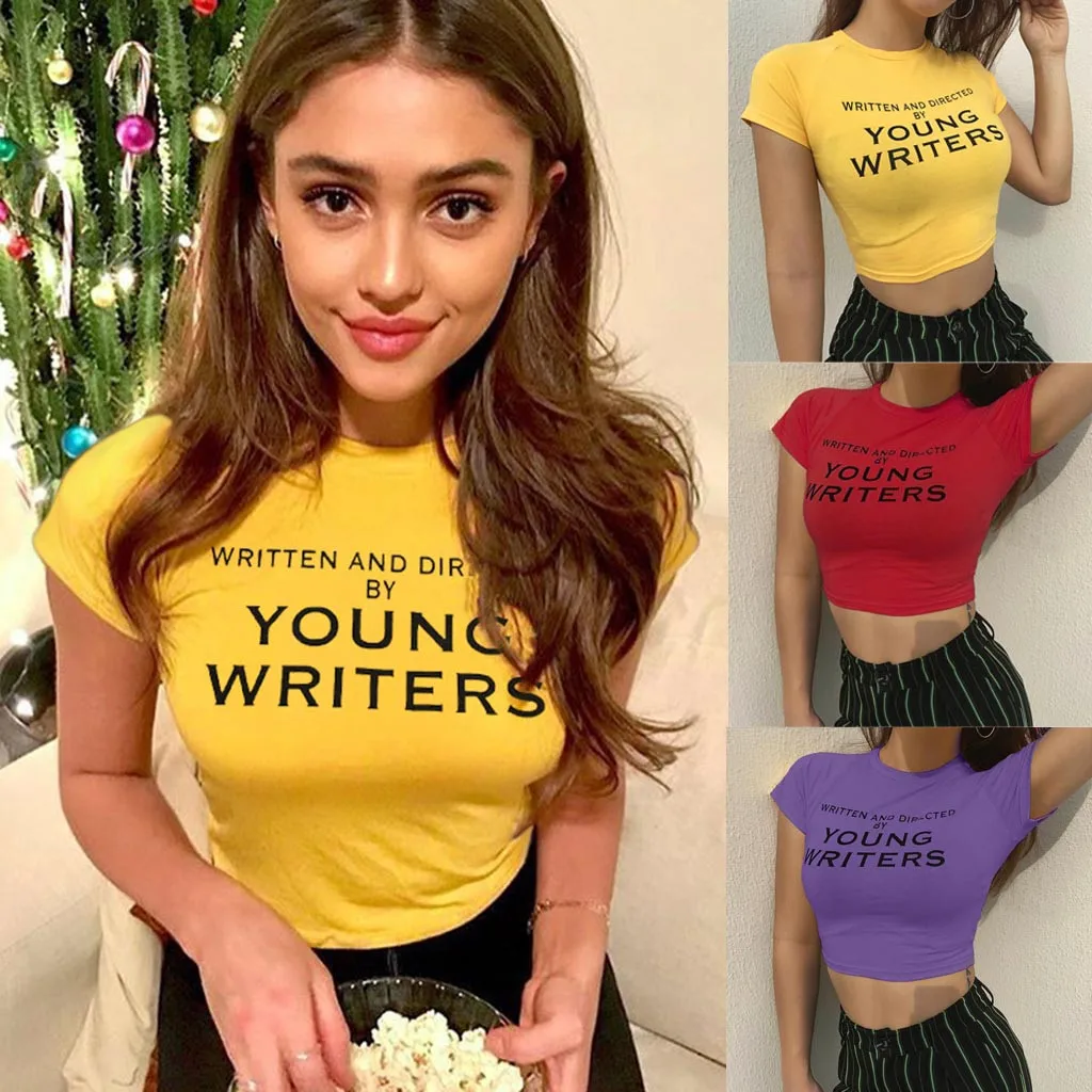

Summer girl letter short-sleeved T-shirt top 2019 ladies new round neck stretch short-sleeved tight T-shirt top camisetas mujer