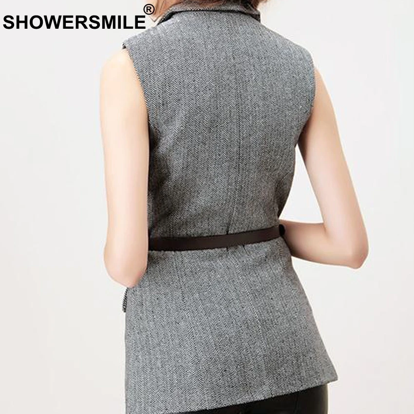 SHOWERSMILE Women Long Woolen Suit Vest Coffee Female Sleeveless Jacket Coat Herringbone British Style Waistcoat With Belt 2018