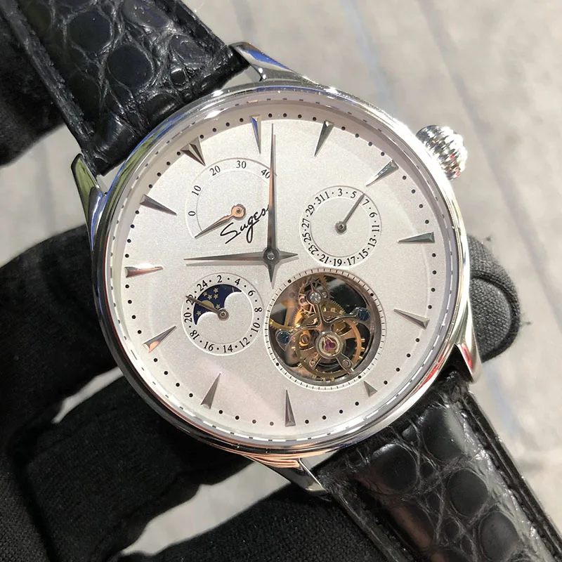 Многофункциональные Мужские механические часы с турбийоном, 24 часа, маленький циферблат ST8007, деловые часы для мужчин, s, Moon Phase, запас хода - Color: White Black