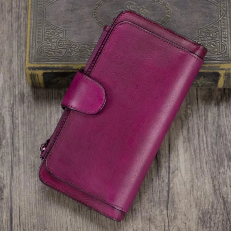 Винтаж дизайнер из натуральной кожи Для женщин Большой Фиолетовый клатч кошелек из натуральной коровьей кожи женский монета карман