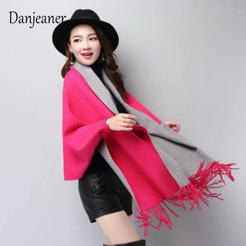 Danjeaner осень шерсть длинный кардиган Для женщин Batwing Кабо Пончо вязать Топ-свитер пальто Толстые Зимняя одежда трикотаж джемперы - Цвет: rose