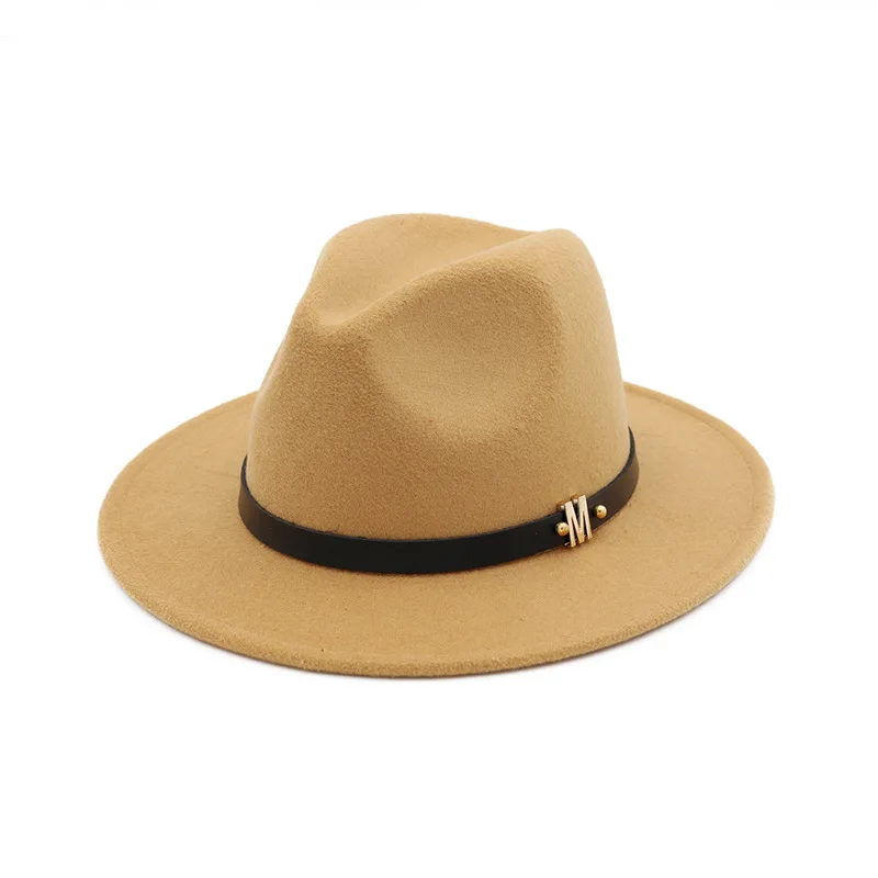 QIUBOSS, мужская и женская шерстяная фетровая шляпа с широкими полями, джазовая фетровая шляпа, черная, с буквой М, с кожаным ремешком, украшенная официальная шляпа Trilby QB03 - Цвет: Camel