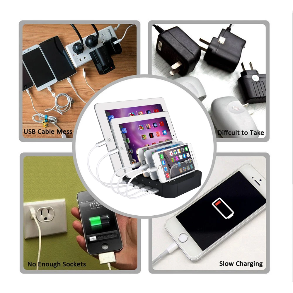 Evfun USB شحن محطة المنظم حوض 5 ميناء شاحن مكتبي نمطي الهاتف المحمول فون متعددة عمود شحن متعددة جهاز