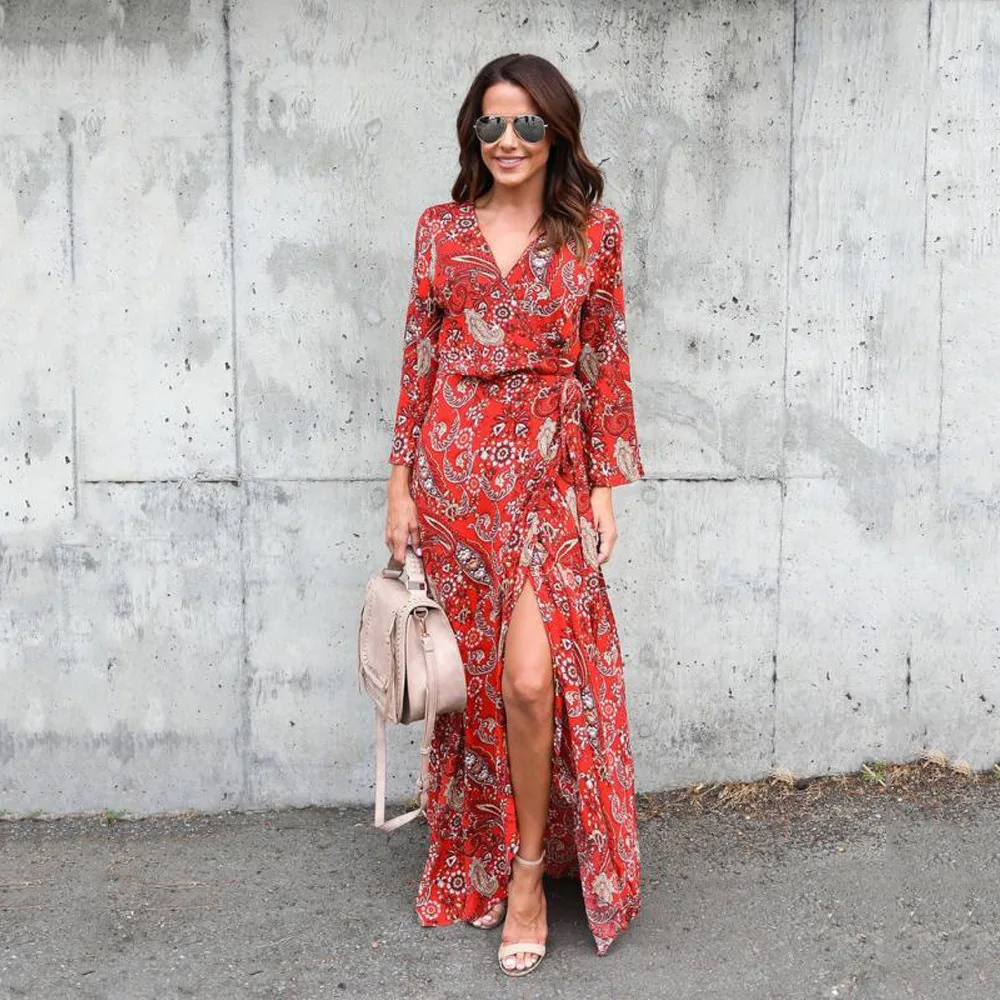 Print Dress for Women Floor-length Women Dresses V-neck Summer Clothes for Women