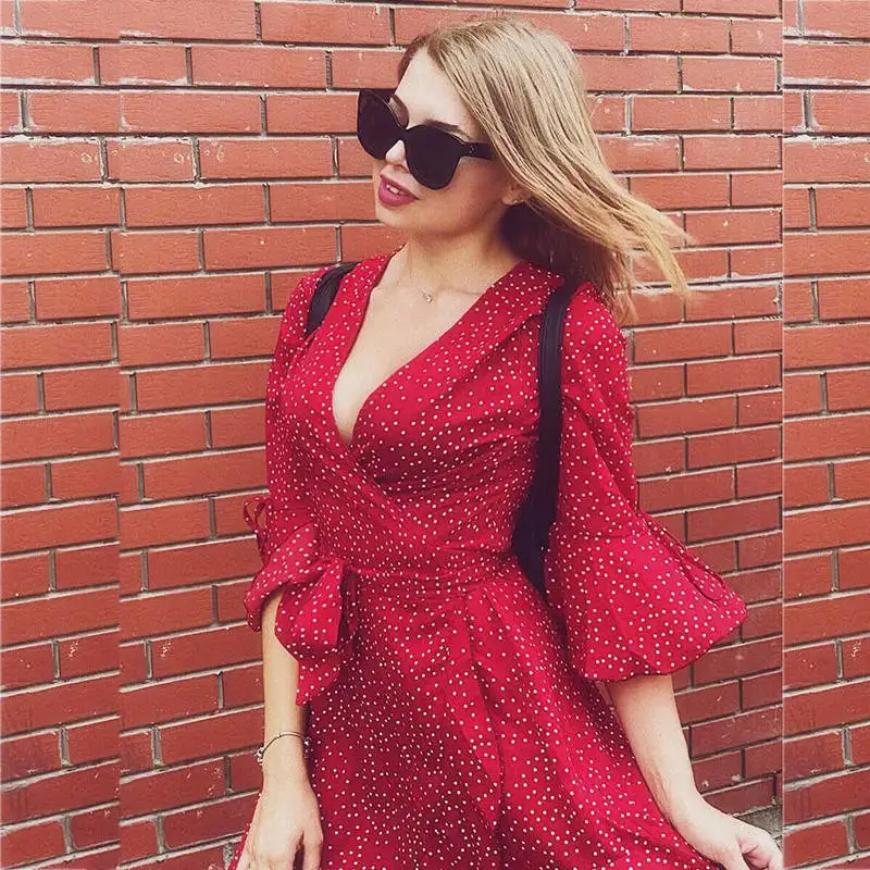 yinlinhe Red Polka Dot Wrap Dress Women Short Sleeve V neck Sexy Summer Dress Lace Up Bow Knot Boho Ruffles Vestido  4