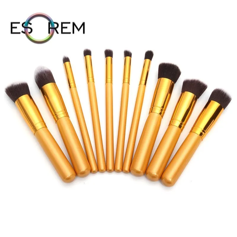 

ESOREM 10 Pcs Wood Handle Makeup Brushes Professional Gold Tube Makeup Blending Brushes Angled Shading Brochas Maquillaje 062701