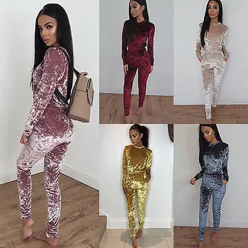 

NEW Arrivals Sexy Women Long Sleeve Tops Long Pants 2Pcs Sets Autumn Solid Suits Hot