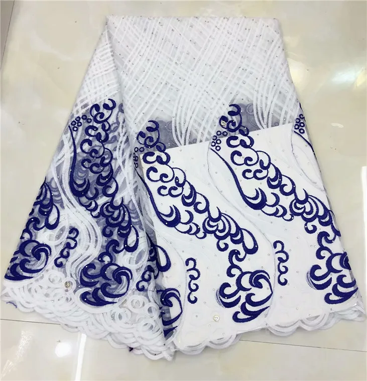 Royal blue White Lace Fabrics For African Parties Wedding Embroidered Fabric Good stones ffj322 | Дом и сад