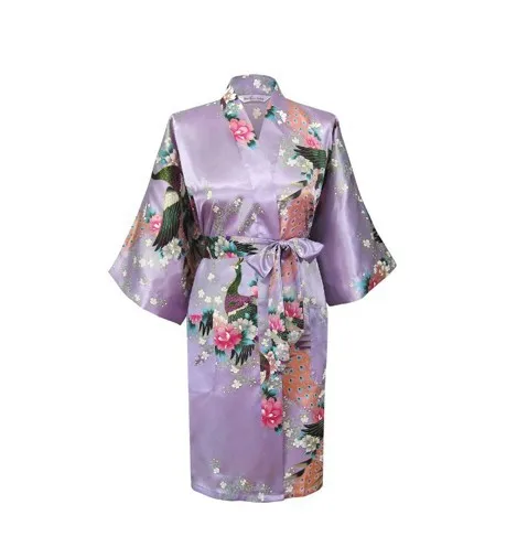 Оливковое модное женское кимоно с павлином, банный халат ночная сорочка, халат юката, одежда для сна с поясом, Размеры S M L XL XXL XXXL KQ-14 - Цвет: Lavender