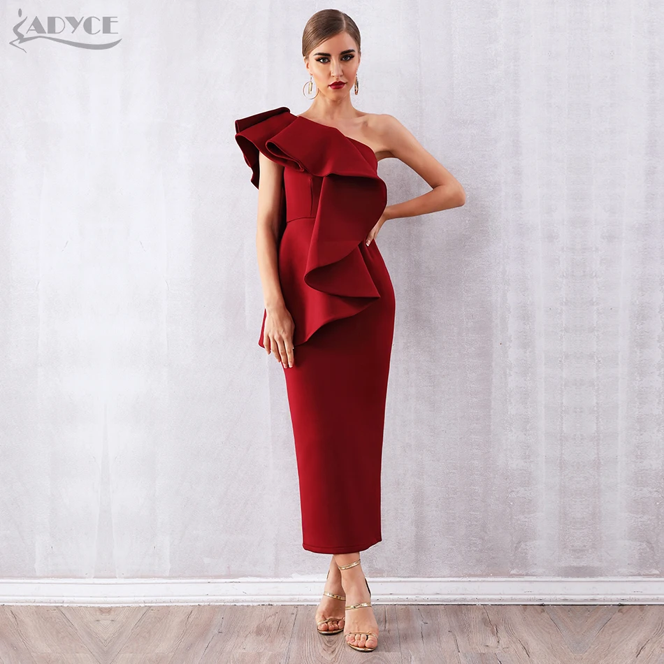 

Adyce Summer Women Wine Red Celebrity Party Dress Vestidos 2019 Sexy White Sleeveless Ruffles One Shoulder Bodycon Club Dresses