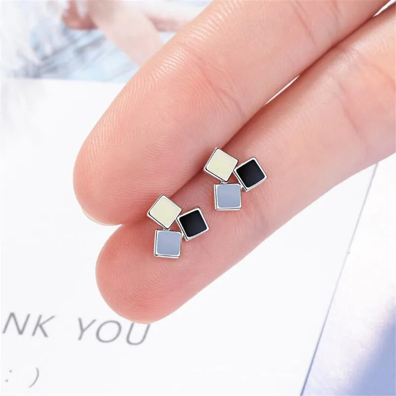 

New Personality Simple And Wersatile Three-color Square Mixed Color 925 Sterling Silver Jewelry Temperament Stud Earrings SE806